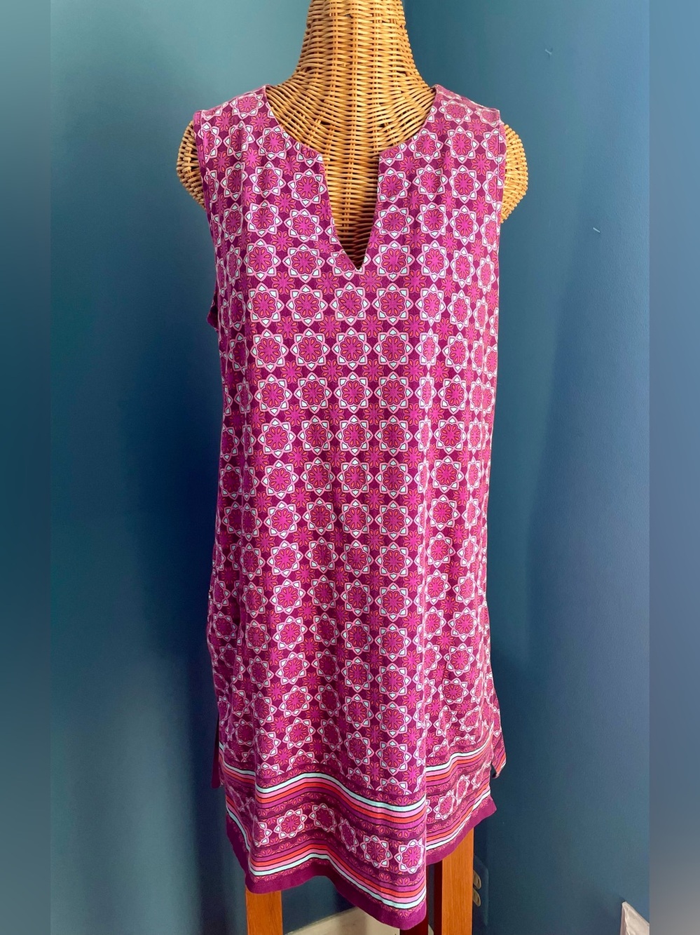 Lands’ End Pink Purple Shift Dress Sleeveless Geometric Pattern Cotton Size L